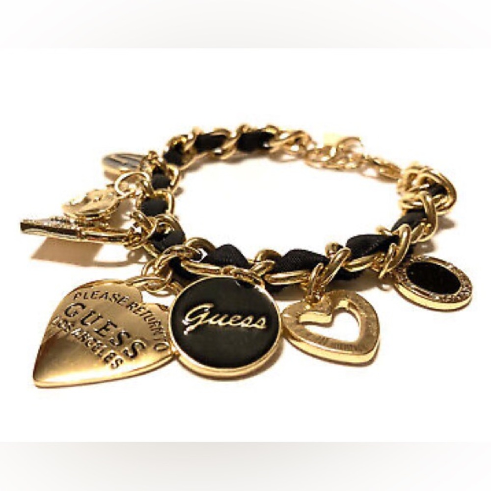 Guess Charm Bracelet Hearts Gold Tone Black Ribbon Woven-1244